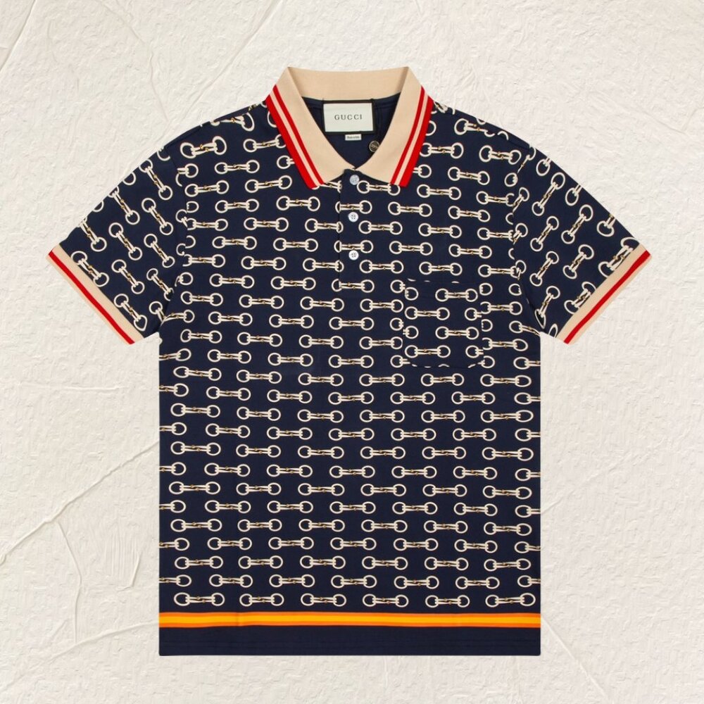 Gucci Navy Chain Print Polo Shirt